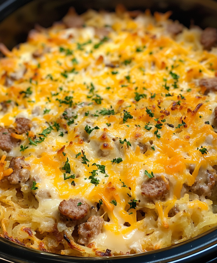 Slow Cooker Cheesy Sausage Hash Brown Casserole